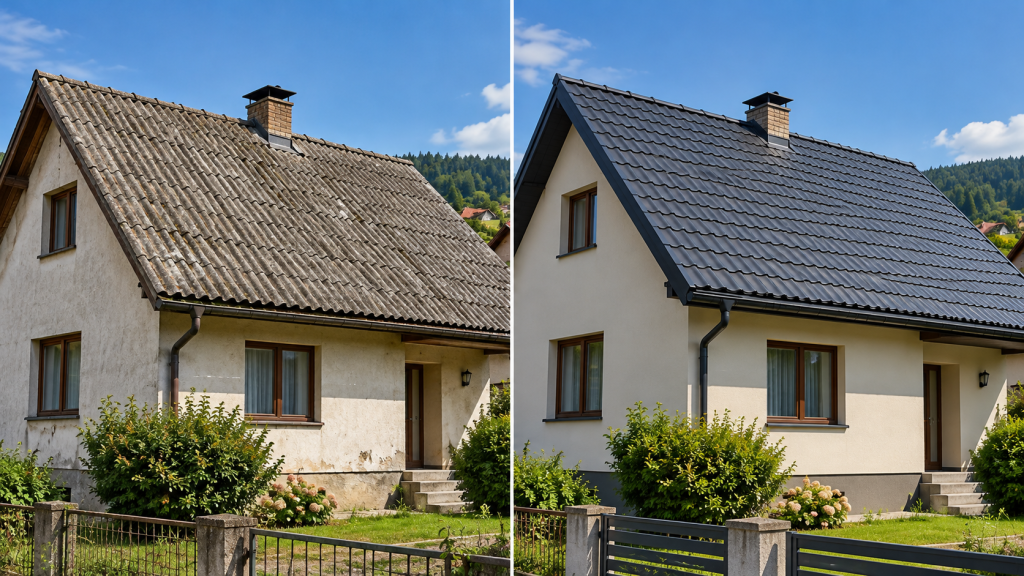 Ista hiša pred in po menjavi azbestne kritine: levo stara salonitna streha, desno nova temna kritina